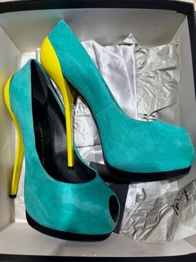Giuseppe Zanotti Sharon Turquoise Suede Peep-Toe Pumps with Yellow Heel